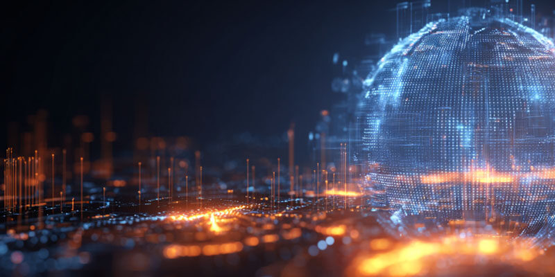 Digital visualisering av ett glödande klot med dataflöden – symboliserar framtidens teknik och tvärfunktionell IT-kompetens.