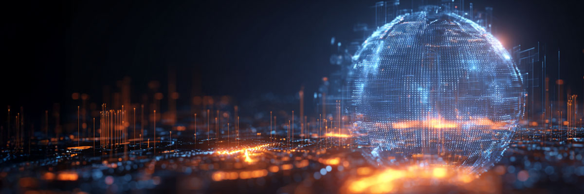 Digital visualisering av ett glödande klot med dataflöden – symboliserar framtidens teknik och tvärfunktionell IT-kompetens.