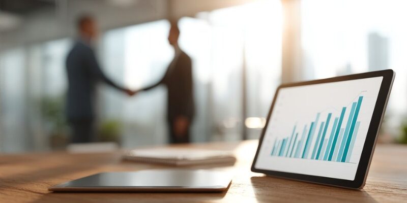 IT-chefer i samtal på kontor med lönegraf, kopplat till lönetransparensdirektivet.