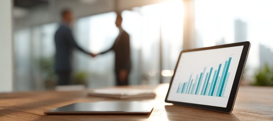 IT-chefer i samtal på kontor med lönegraf, kopplat till lönetransparensdirektivet.