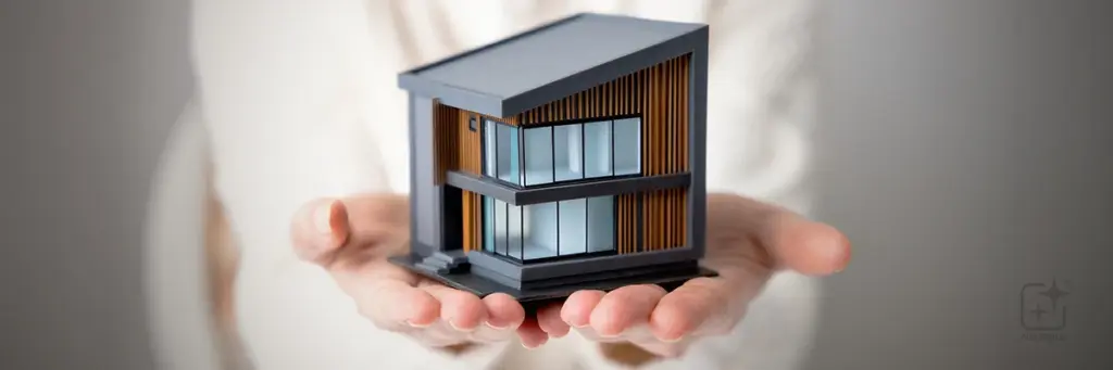 Miniatyrhus i händer som illustrerar proptech och smart fastighetsteknik.