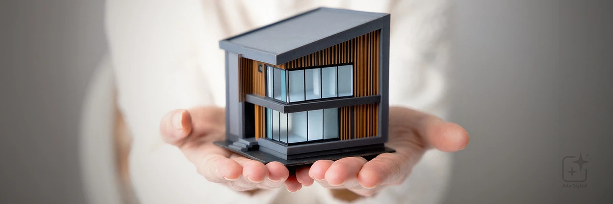 Miniatyrhus i händer som illustrerar proptech och smart fastighetsteknik.