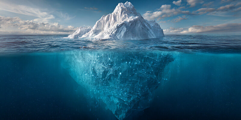 Isberg som symbol för Shadow AI och BYOAI: användning av AI-verktyg utan IT-avdelningens godkännande eller insyn.